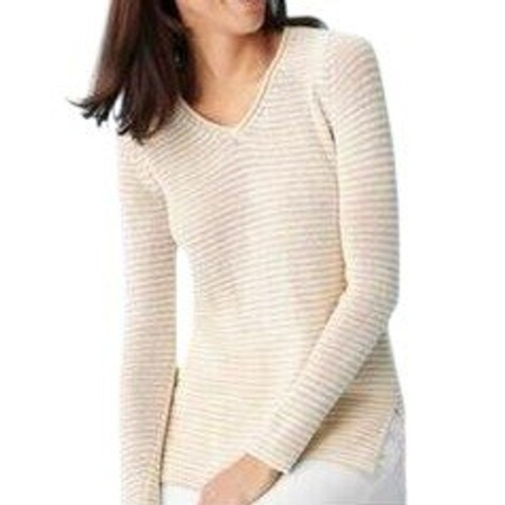 J.McLaughlin Womens V-Neck Striped Knit Sweater Tan Cream Size M Side Slits